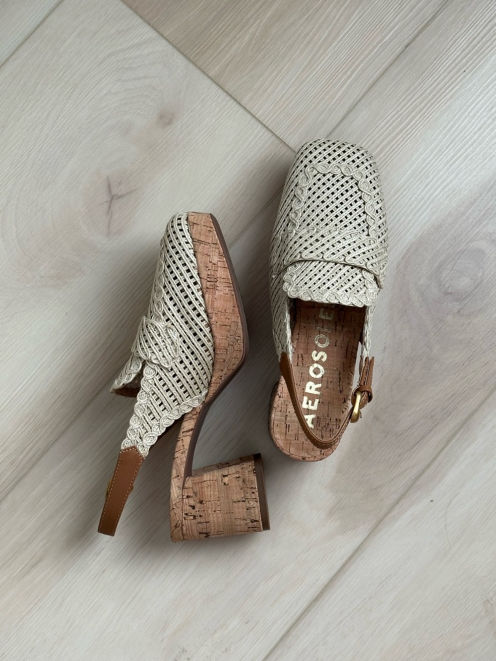 AEROSOLES Cream Woven Cork Block Heel Slingback size 6.5